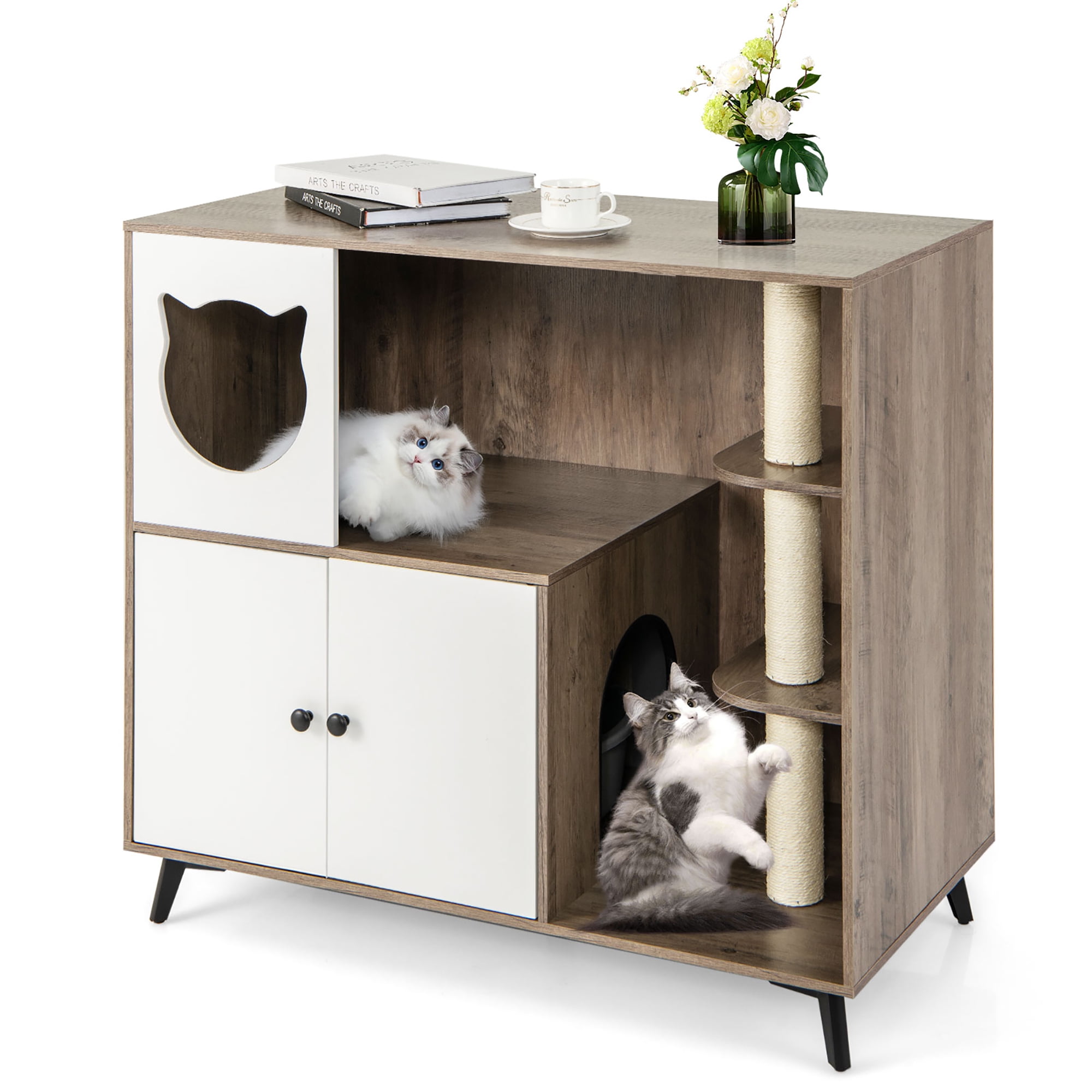 Multifunctional Gray and White Cat Litter Box Enclosure with Sisal Posts