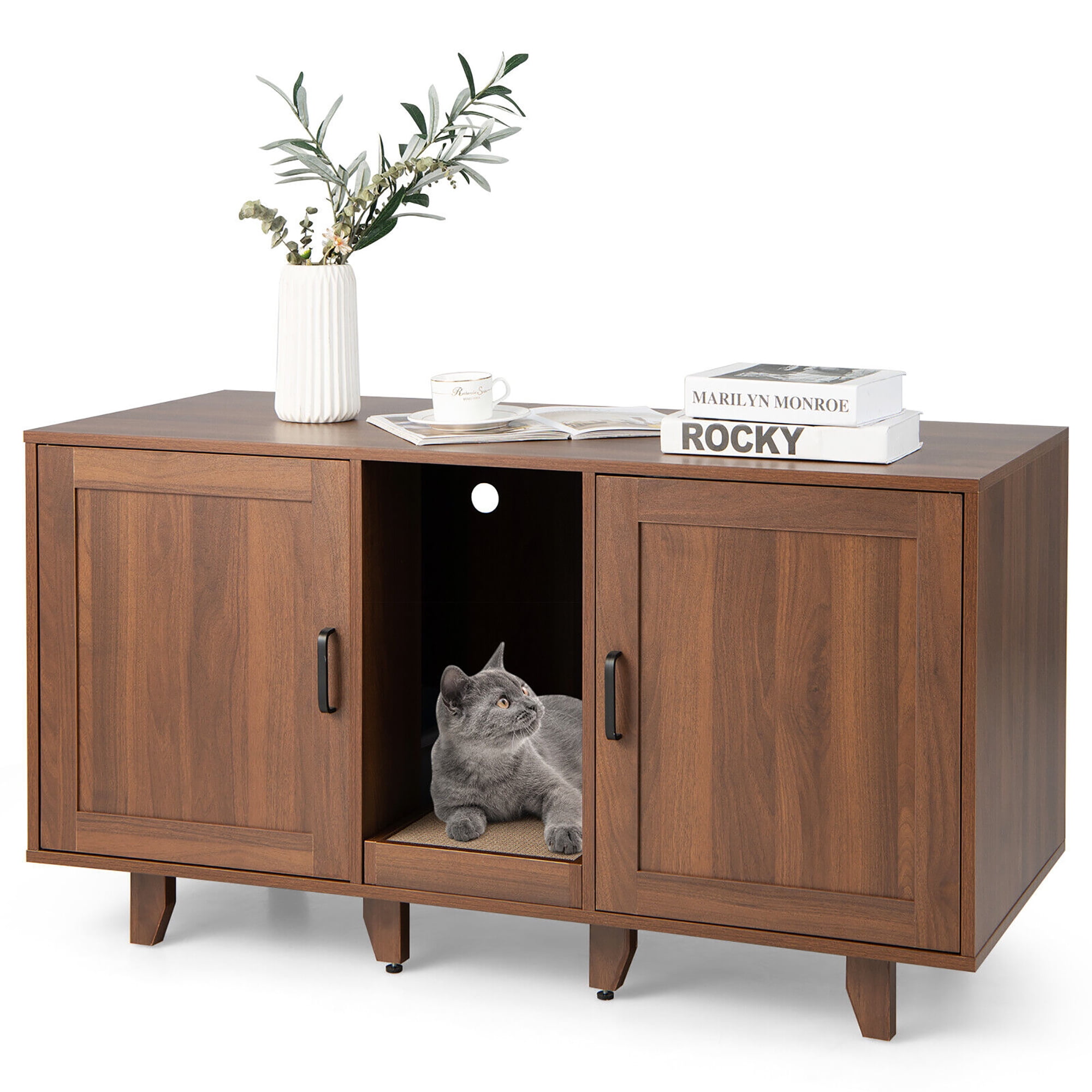 Gymax Large Wooden Top Cat Litter Box Enclosure Cabinet Furniture with 2 Doors Coffee Walmart