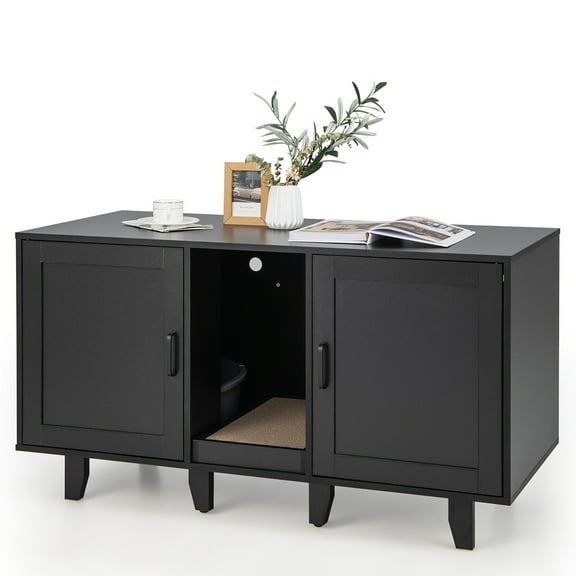 Gymax Cat Litter Box Enclosure TV Stand Cabinet Hidden Cat House Washroom W/ 2 Doors