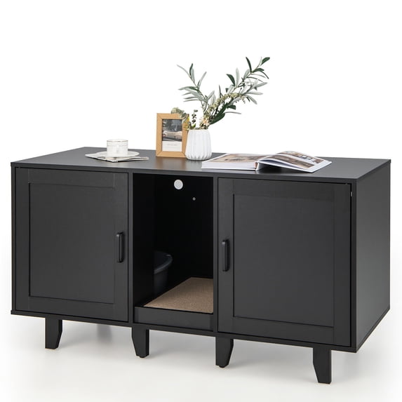 Gymax Cat Litter Box Enclosure TV Stand Cabinet Hidden Cat House Washroom W/ 2 Doors Patented