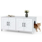 Gymax Cat Litter Box Enclosure for 2 Cats w/ Double Rooms Wooden Cat Washroom Cabinet White