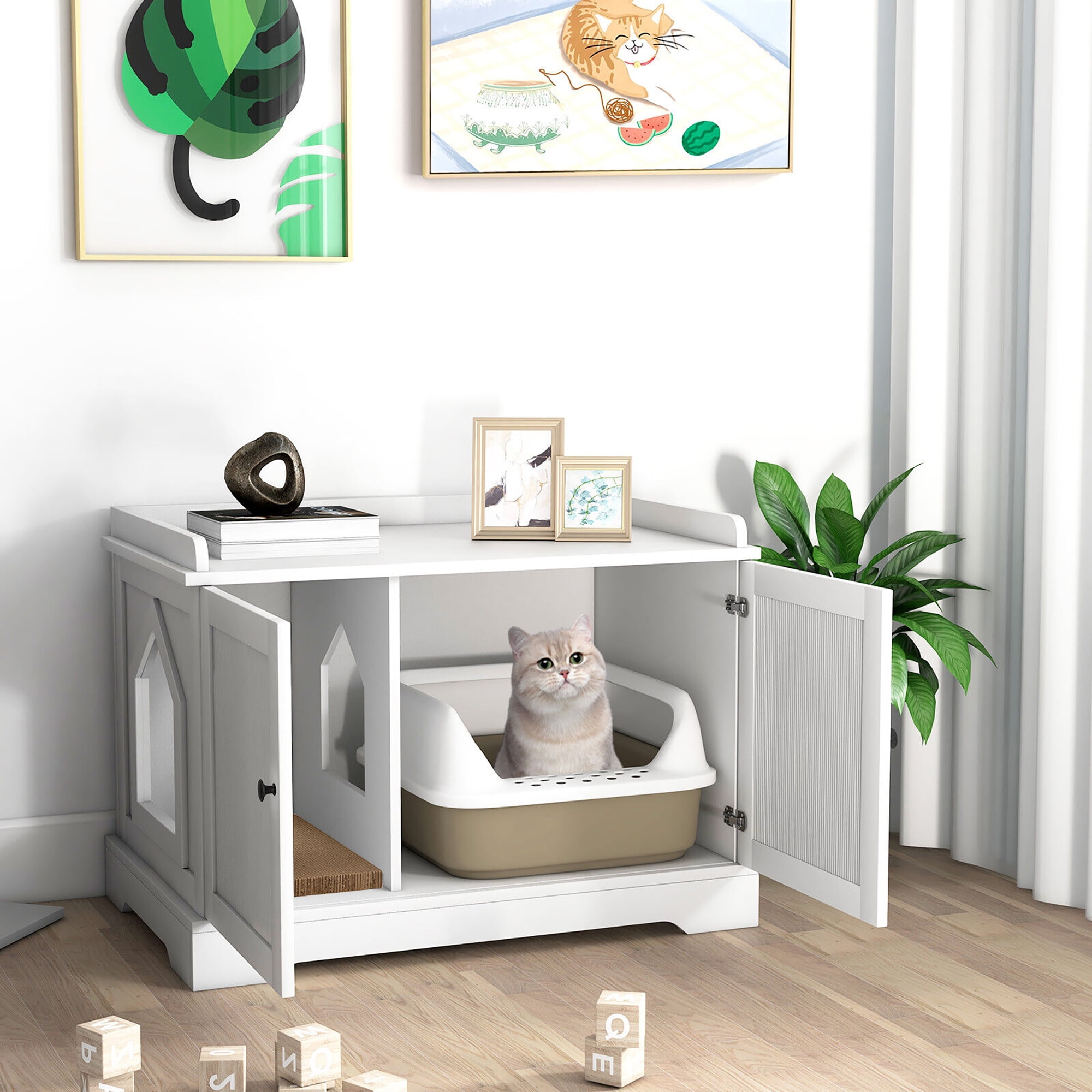 Cat scratching litter box wall top