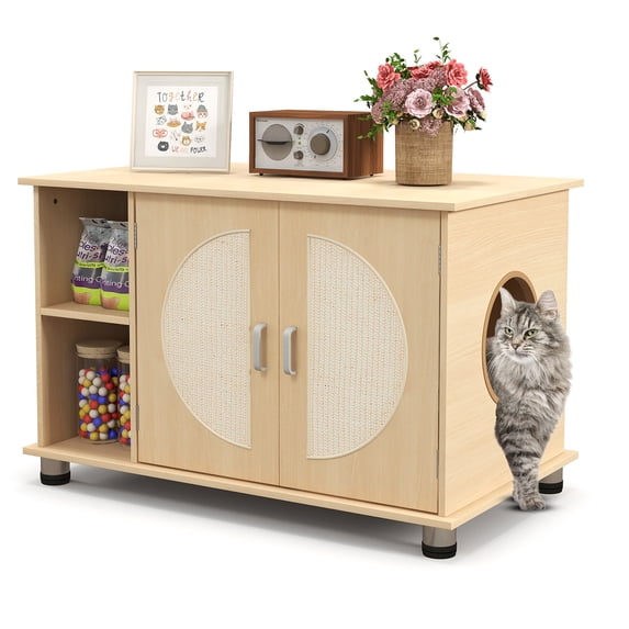Gymax Cat Litter Box Enclosure w/ Sisal Scratching Doors Storage Adjustable Metal Feet