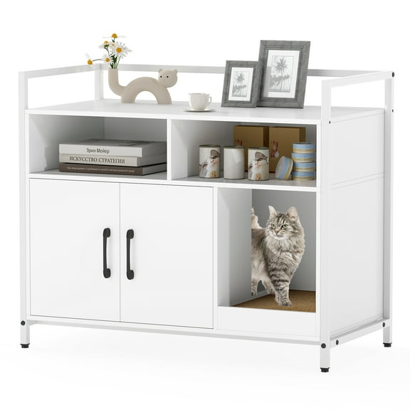 Gymax Cat Litter Box Enclosure w/ Storage Compartments Removable Scratching Board White