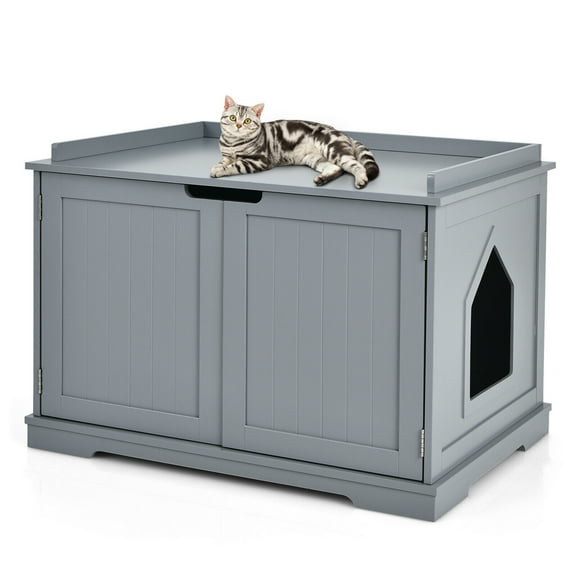 Gymax Cat Litter Box Wooden Enclosure Pet House Washroom Storage Bench Grey