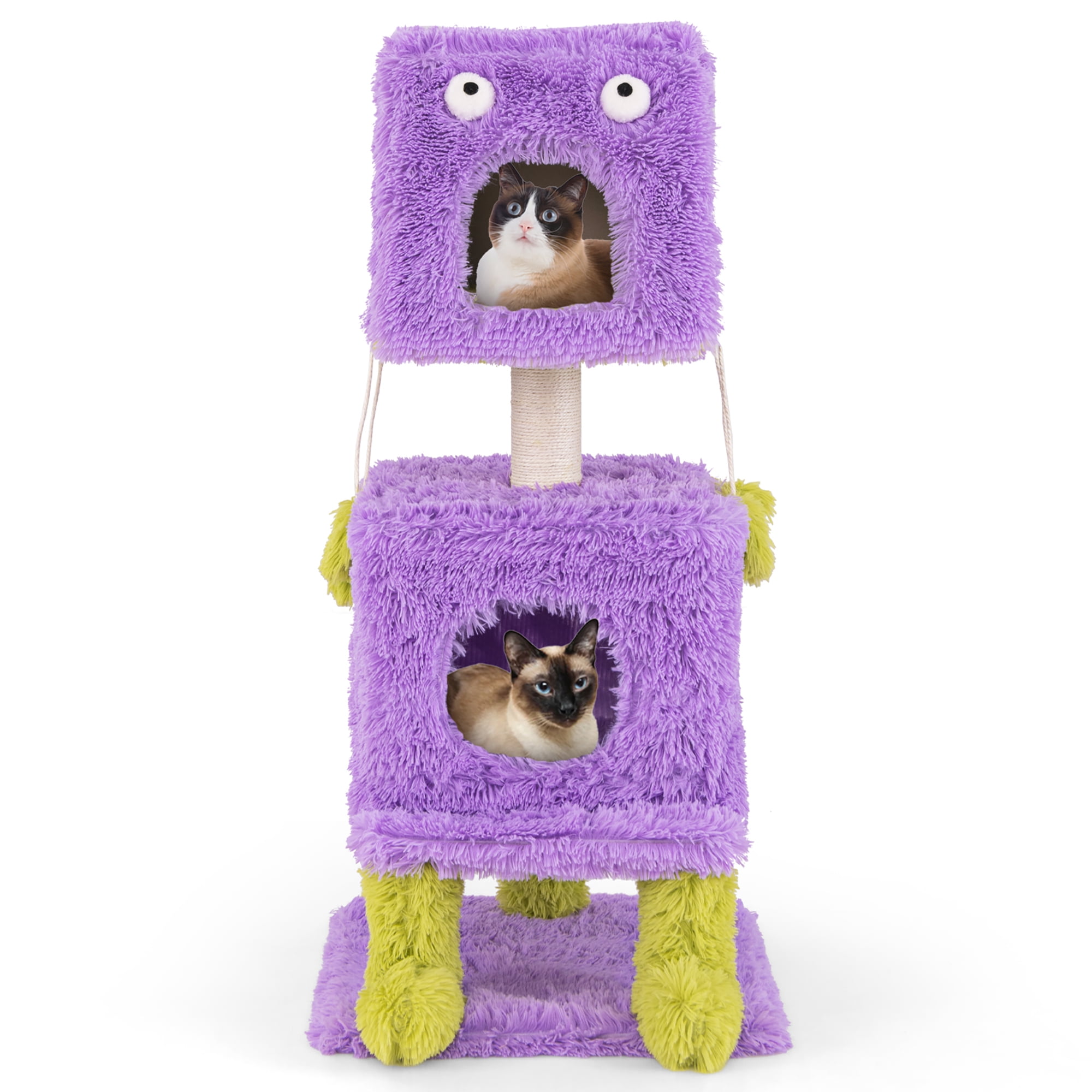 Gymax Cat Tree Cute Monster-Themed Cat Tower w/ 2 Private Condos & Soft Long Plush