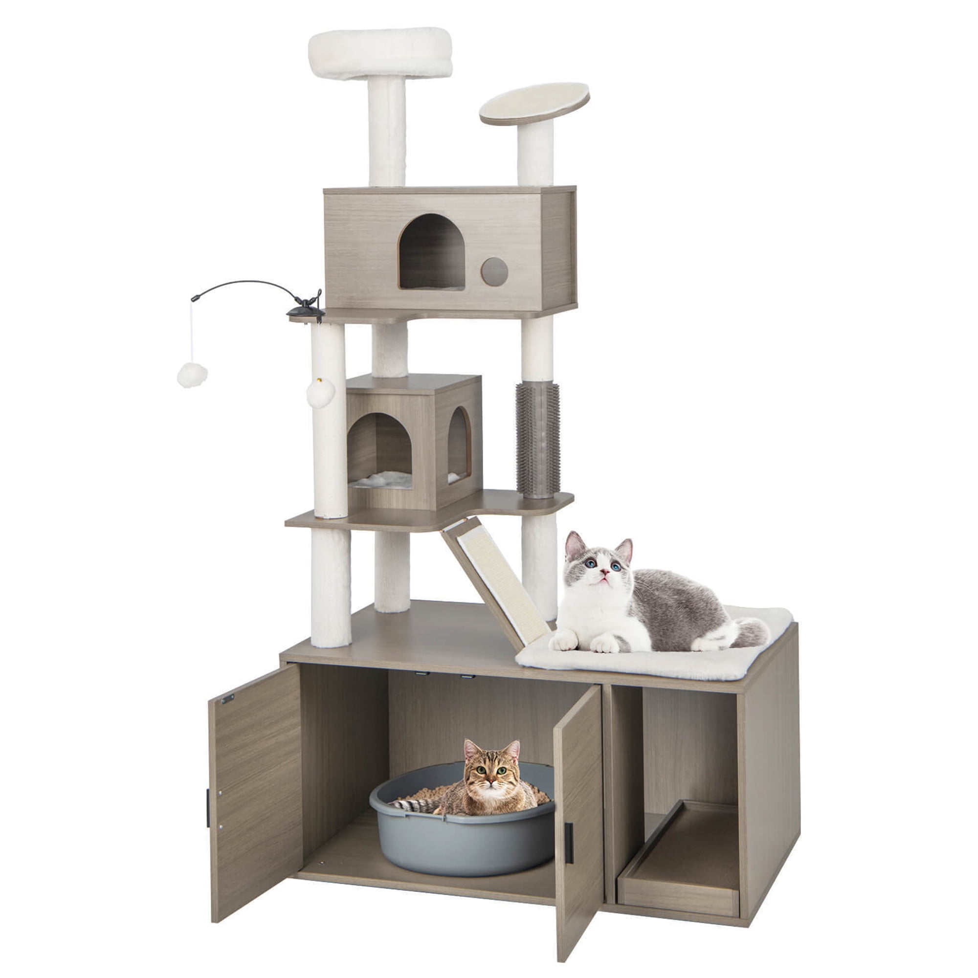 Gymax Modern Cat Tower with Hidden Litter Box Enclosure and Climbing