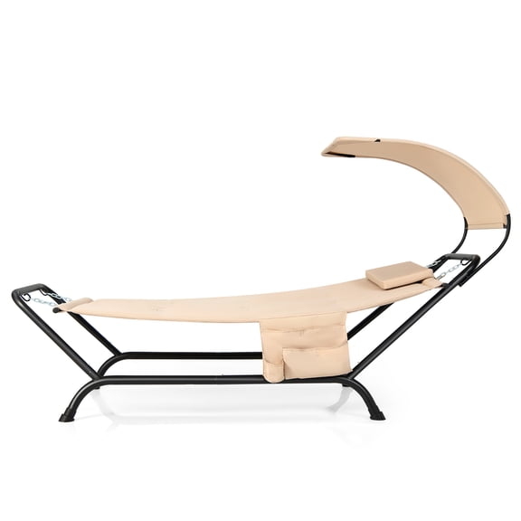 Gymax Chaise Lounge Bed w/ Detachable Sunshade Canopy Hammock w/ Rustproof Metal Stand Beige