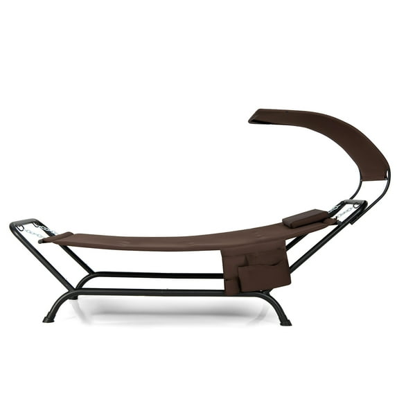 Gymax Chaise Lounge Bed w/ Detachable Sunshade Canopy Hammock w/ Rustproof Metal Stand Brown