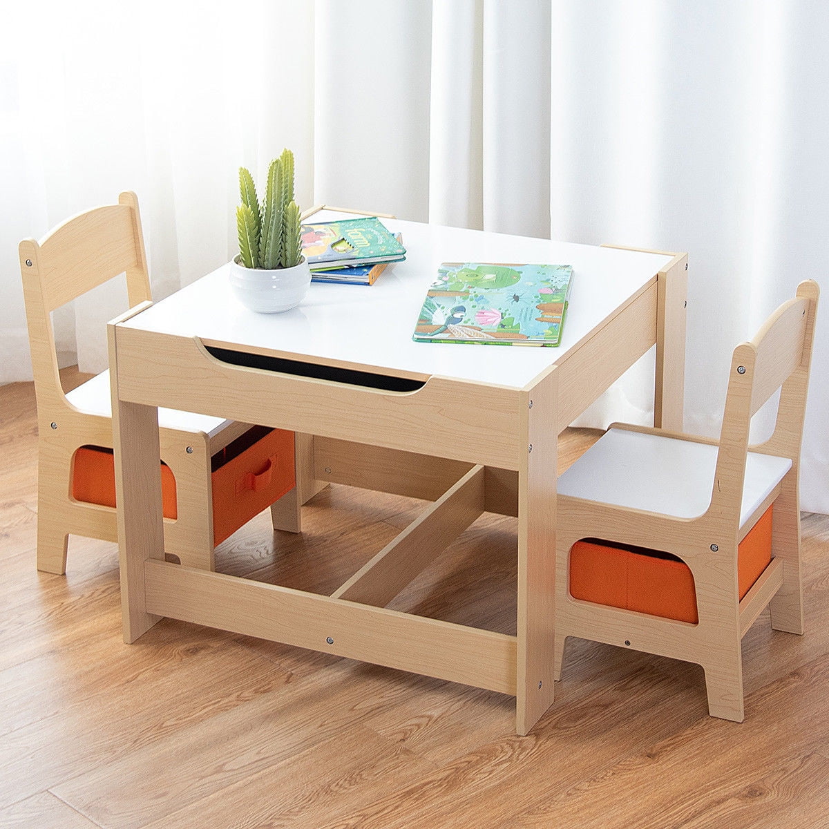 Gymax Children Kids Table Chairs Set W/ Storage Boxes Blackboard