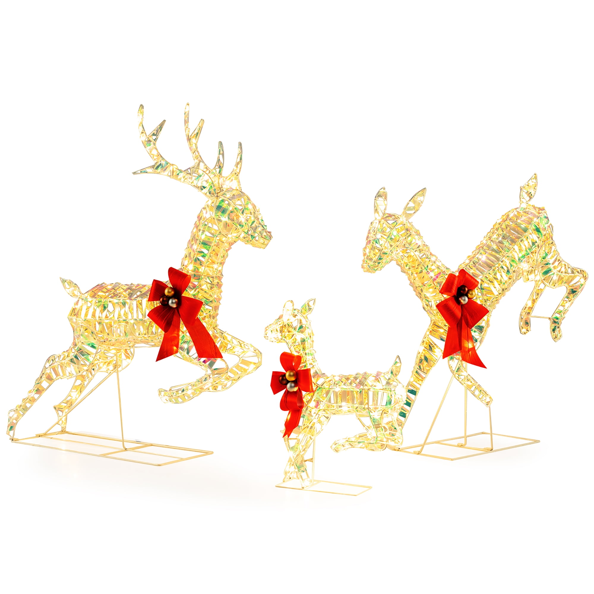 Warm White LED Lighted Reindeer Family Set with Red Bows