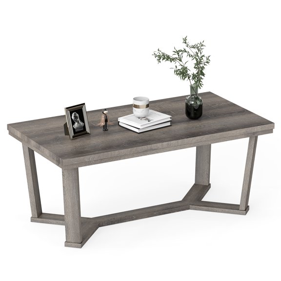 Gymax Coffee Table Solid Rubber Wood Center Table w/ Cross-Shaped Base Accent Table