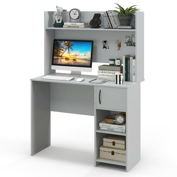 Gymax Computer Desk Home Office Desk w/ Raised Display Shelf & 2 Open Shelves Gray