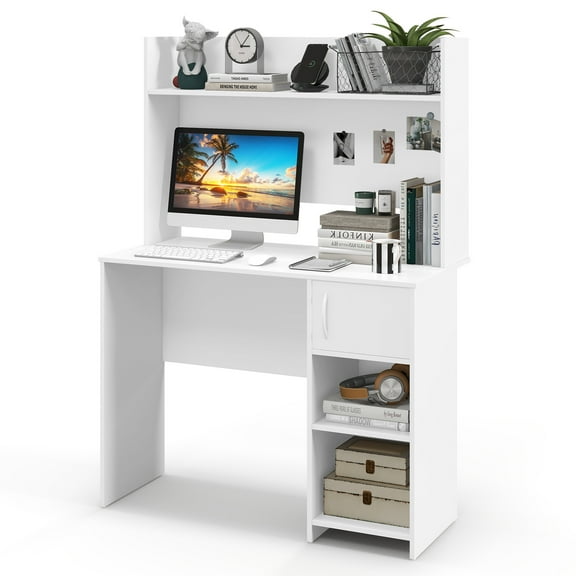 Gymax Computer Desk Home Office Desk w/ Raised Display Shelf & 2 Open Shelves