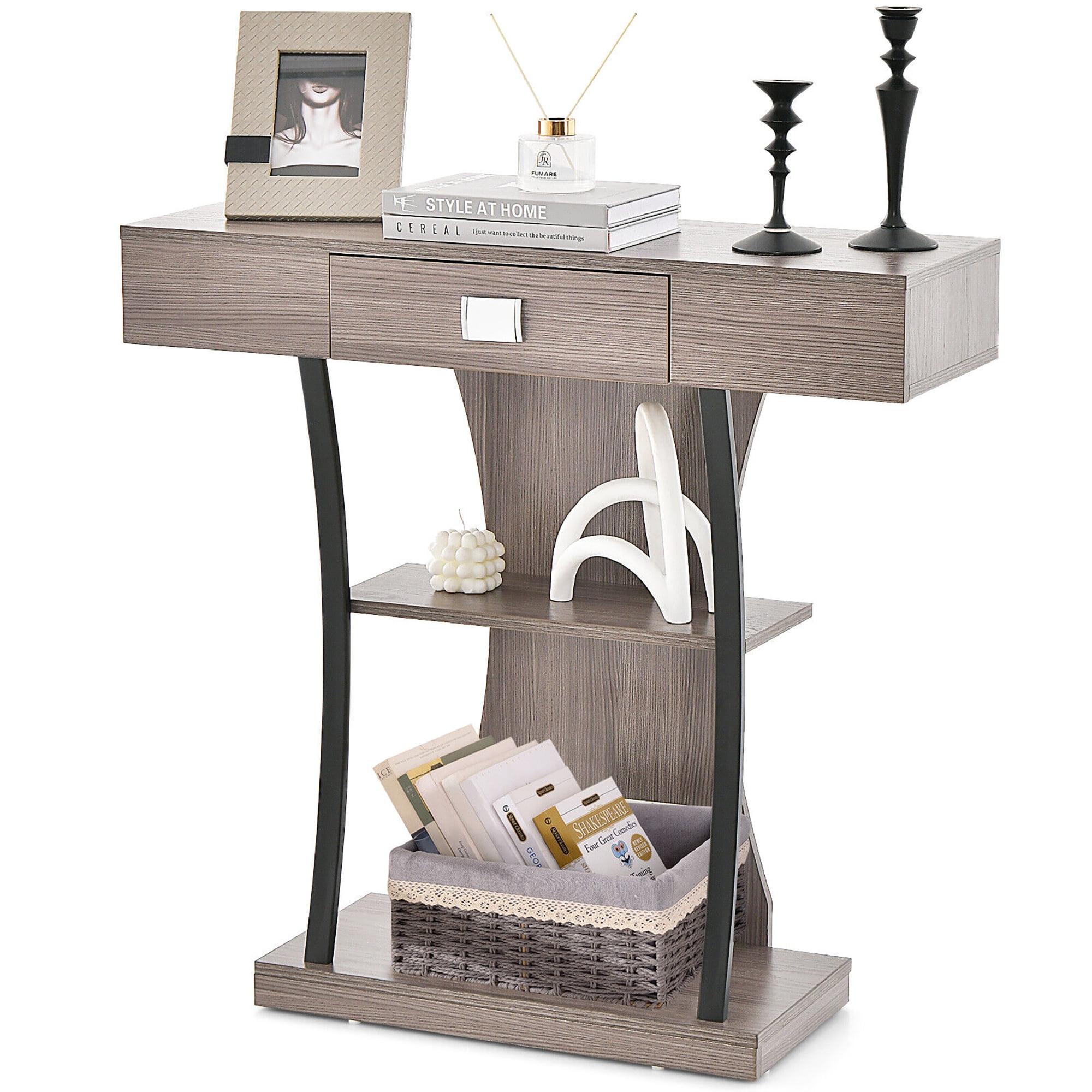 Gymax Console Sofa Table w/ Drawer & Shelves for Entryway Living Room Grey
