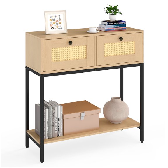 Gymax Console Table Entryway Table Long Sofa Side Table w/ Open Shelf & Rattan Drawers