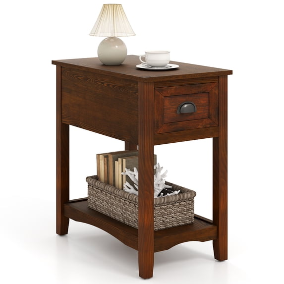 Gymax Contemporary Chair Side End Table Compact Table w/ Drawer Nightstand Walnut