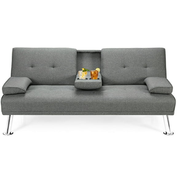Gymax Convertible Folding Futon Sofa Bed Fabric w/2 Cup Holders Light Gray