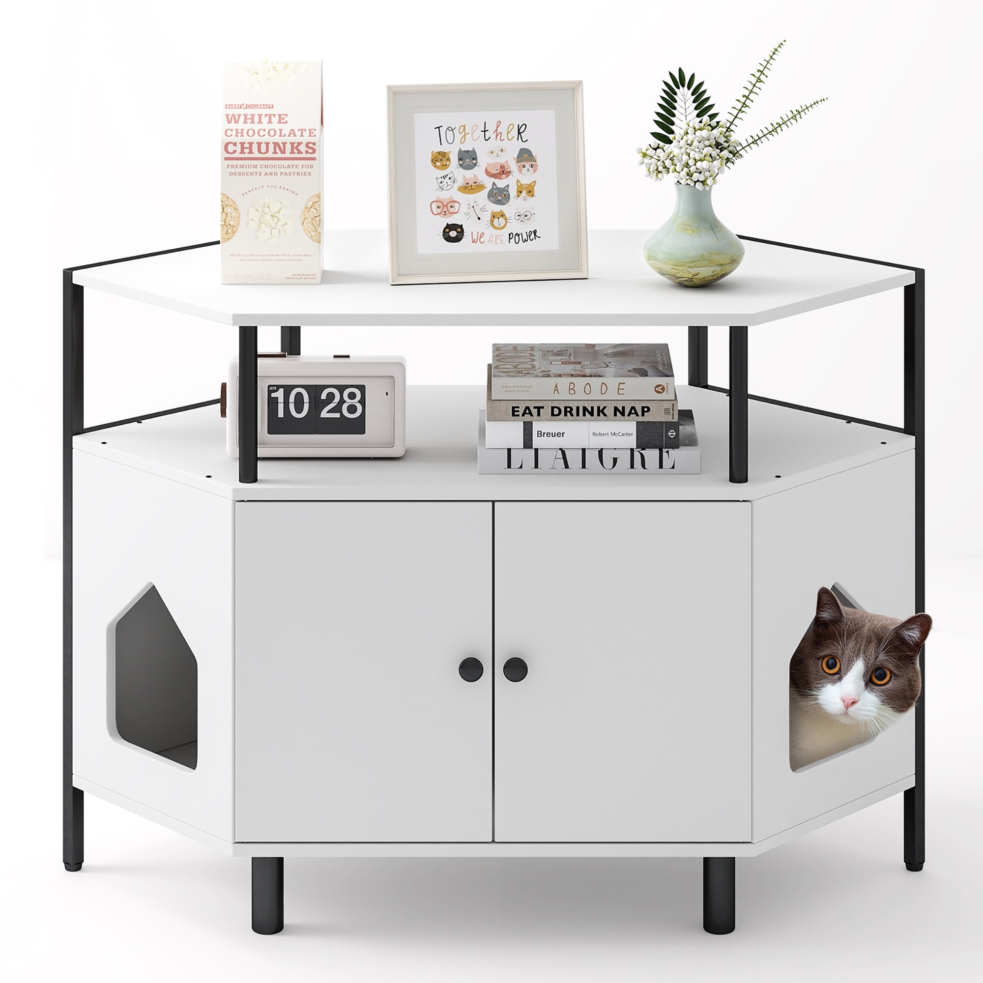 White Corner Cat Litter Box Enclosure with Open Shelf
