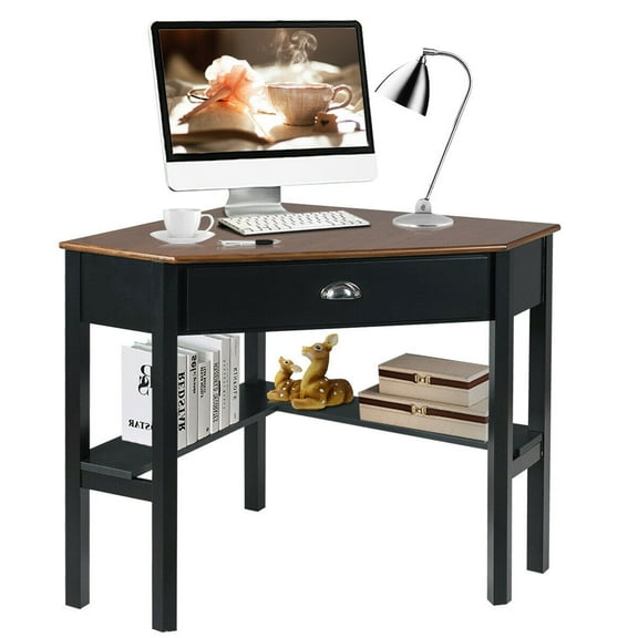 Gymax Corner Computer Desk Laptop Writing Table Workstation W/ Drawer & Shelves Brown