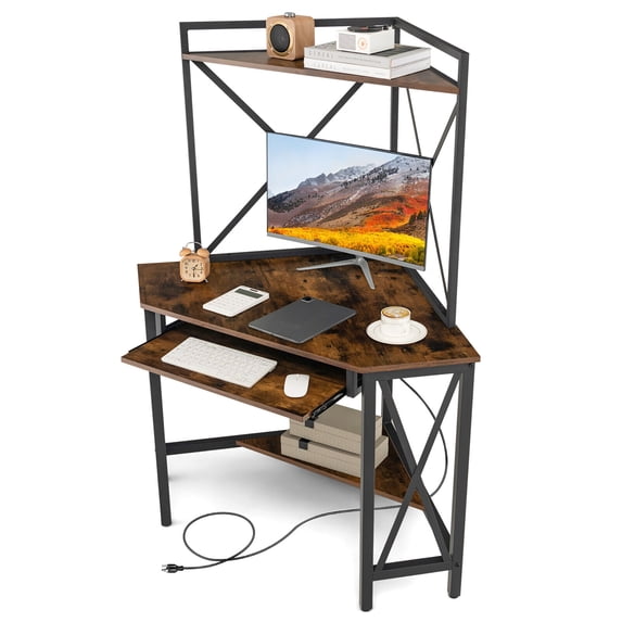 Gymax Corner Desk with Shelves and Keyboard Tray, Rustic Brown, 44.5in x 29.5in x 57in
