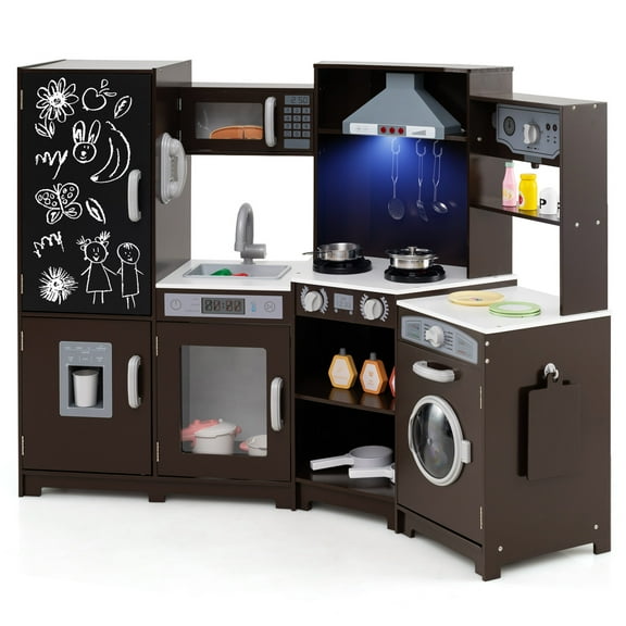 Gymax Corner Kids Play Kitchen Wooden Pretend Toy Kitchen w/ Realistic Lights Brown