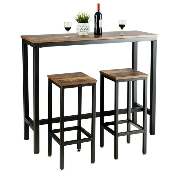 Gymax Counter Height Bar Dining Table Stools Set Rustic Brown, 3 Pieces