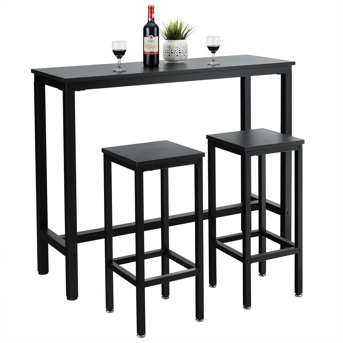 Gymax Counter Height Breakfast Bar Dining Table Stools Black, 3 Pieces