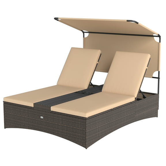 Gymax Daybed w/ Adjustable Backrests 2-Person PE Rattan Patio Bed w/ Canopy Outdoor Brown