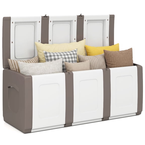 Gymax Deck Box Patio Container w/ Lockable Lid Weatherproof Plastic Storage Bin Brown & White