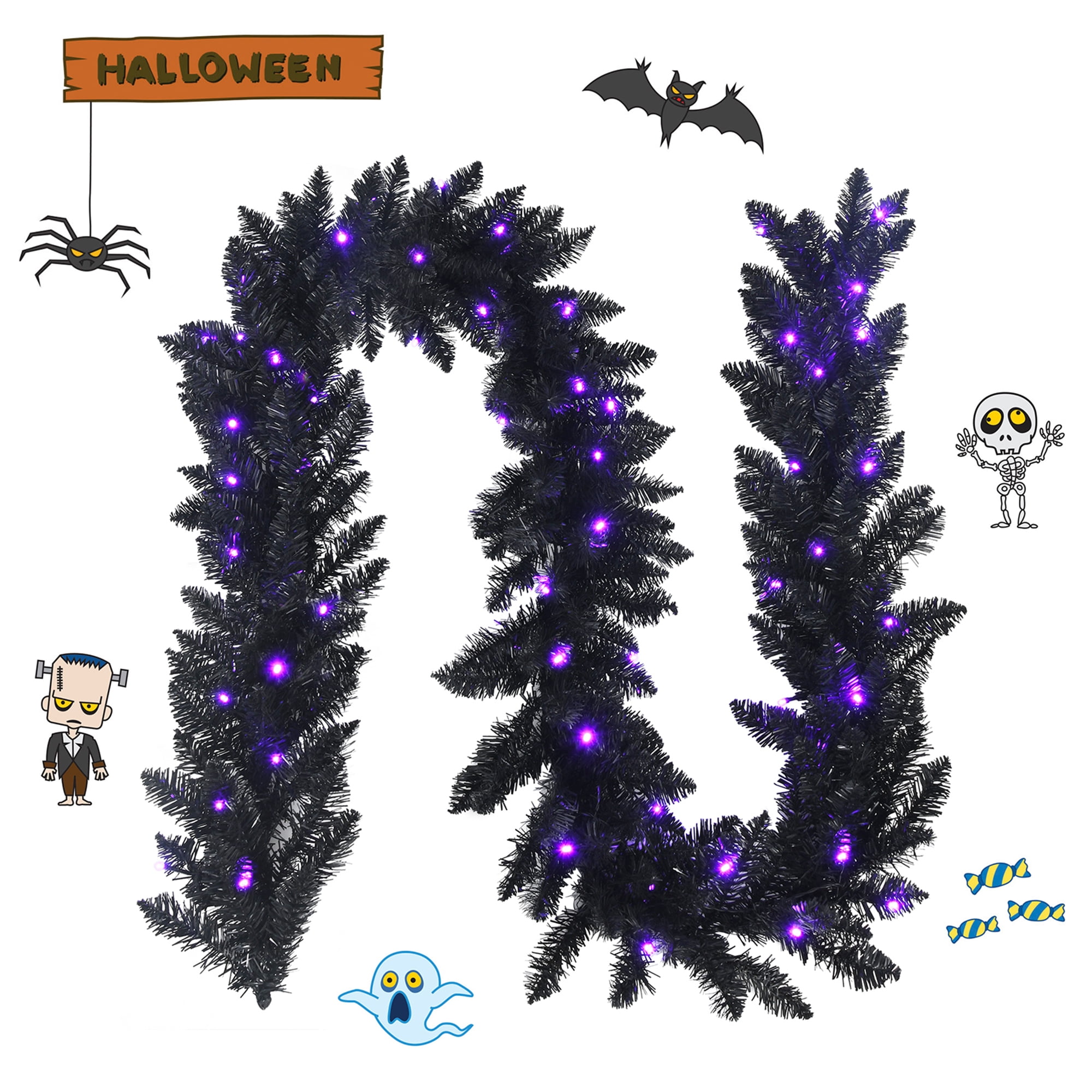 Gymax Decorated Purple Prelit LED Battery Operated Garland, with Timer 9' (Black)