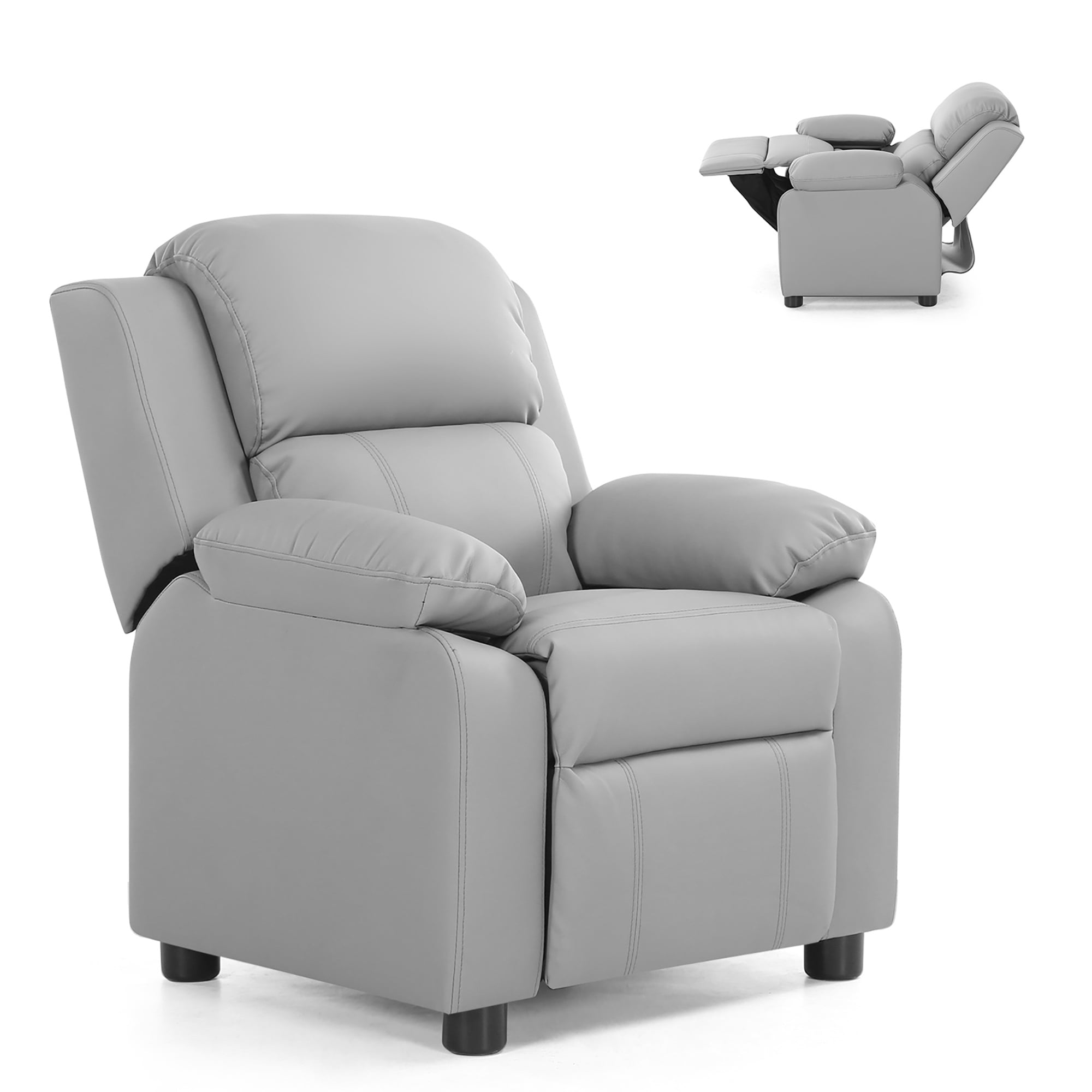 Cozy Cub Kids' Gray Faux Leather Recliner Armchair with Storage