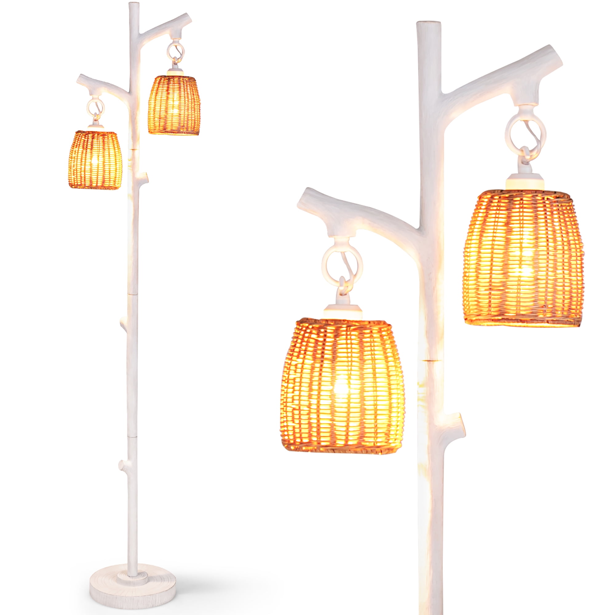 White Faux Wood Adjustable Floor Lamp with Wicker Shades