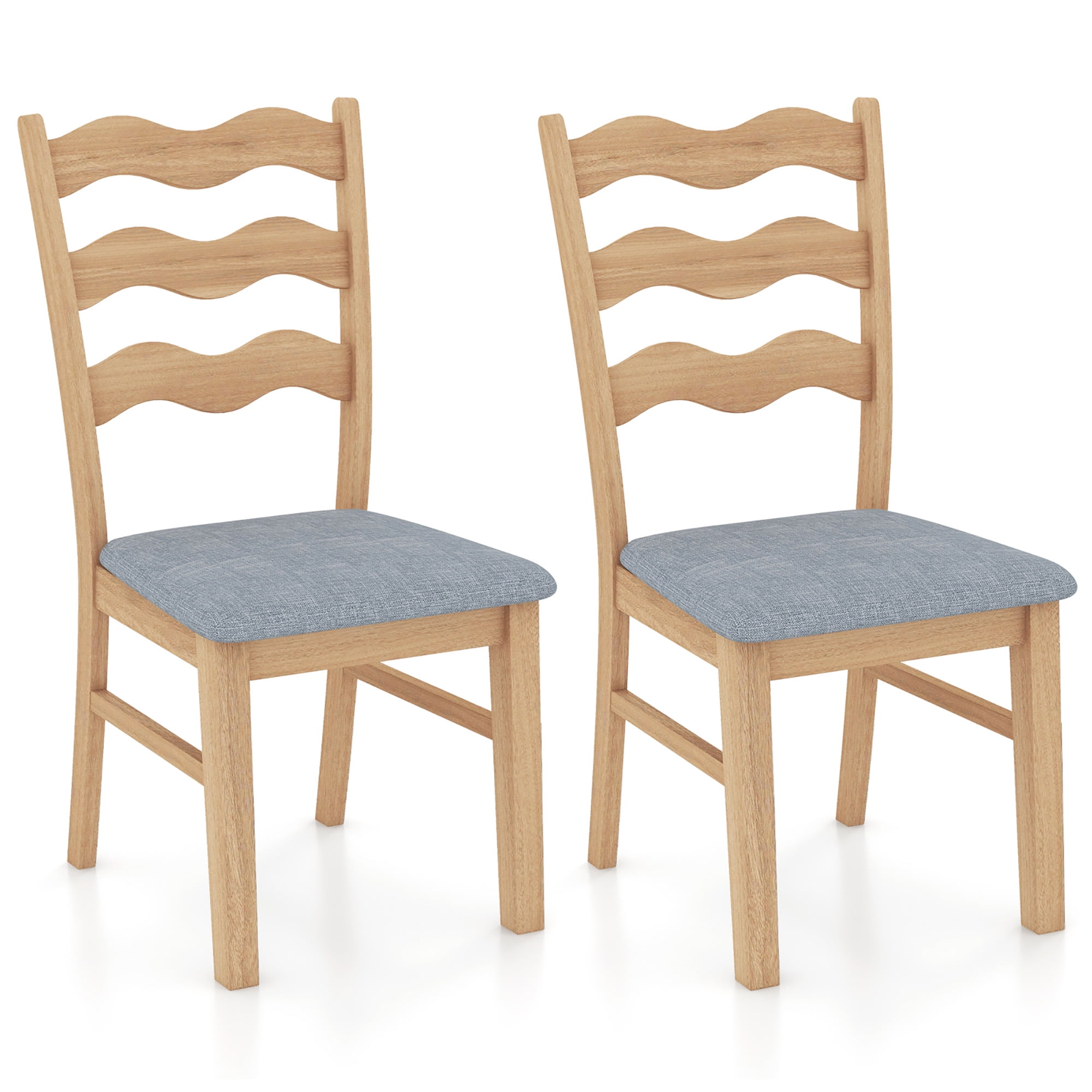 Natural Rubber Wood Dining Chairs with Gray Padded Seats, Set of 2