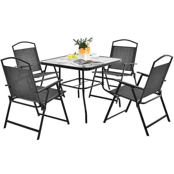 Gymax Dining Set for 4 Folding Chairs & Dining Table Set w/ Umbrella Hole Patio
