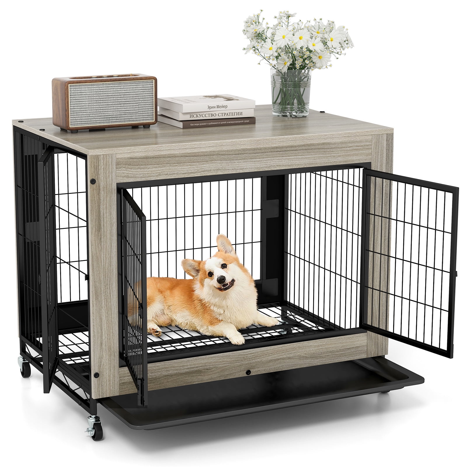 Gymax Dog Crate Furniture Industrial Dog Kennel w/ Flip-up Top Decorative Pet House Gray