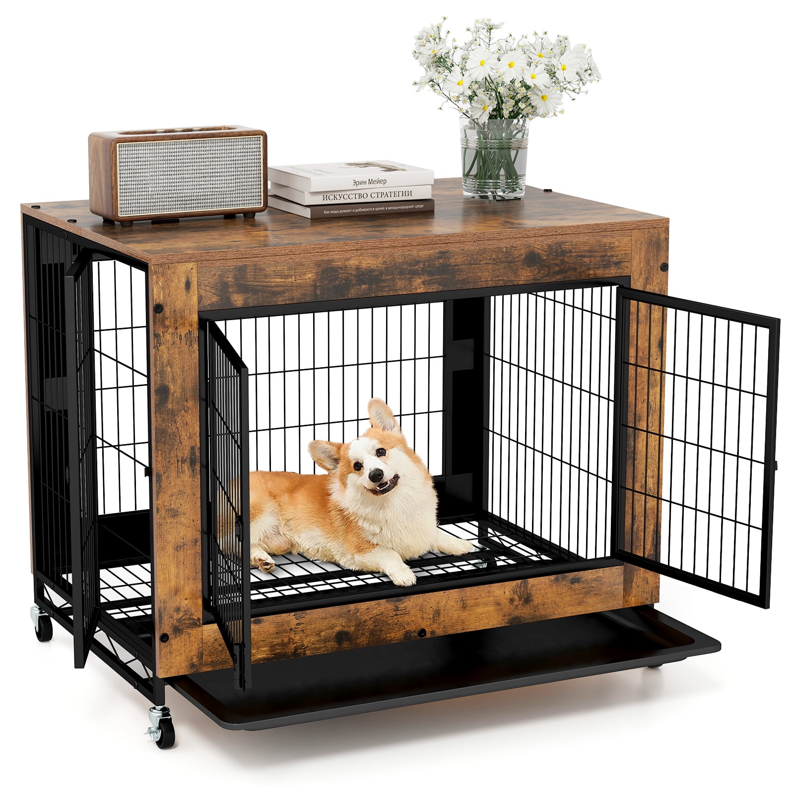 Gymax Dog Crate Furniture Industrial Dog Kennel w/ Flip-up Top Decorative Pet House Rustic Brown