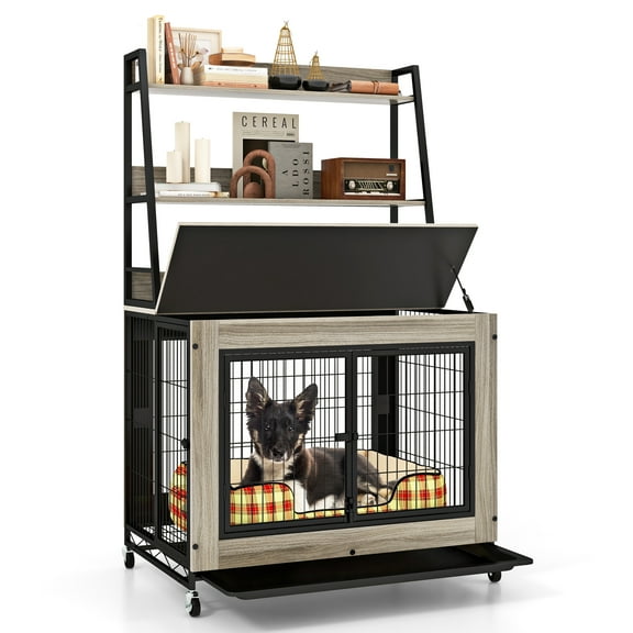 Gymax Dog Crate Furniture w/ Storage Shelves Industrial Dog Kennel w/ Flip-up Top Gray