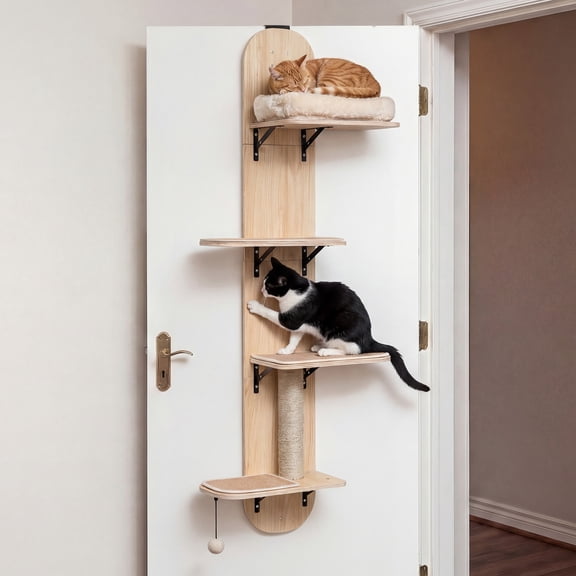 Gymax Door Hanging Cat Climber w/Plush Bed Scratching Post Carpeted Jumping Platforms Beige