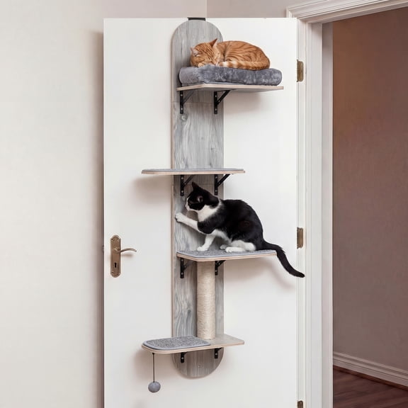 Gymax Door Hanging Cat Climber w/Plush Bed Scratching Post Carpeted Jumping Platforms Grey