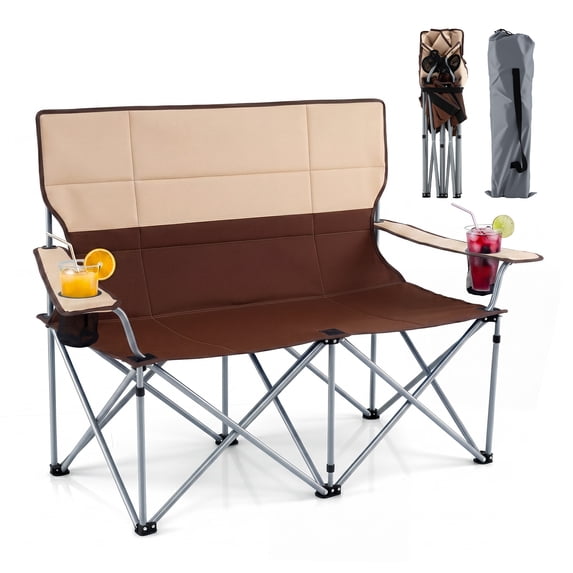 Gymax Double Camping Chair w/Carry Bag 2 Cup Holders Premium Oxford Fabric for Lawn Brown & Khaki