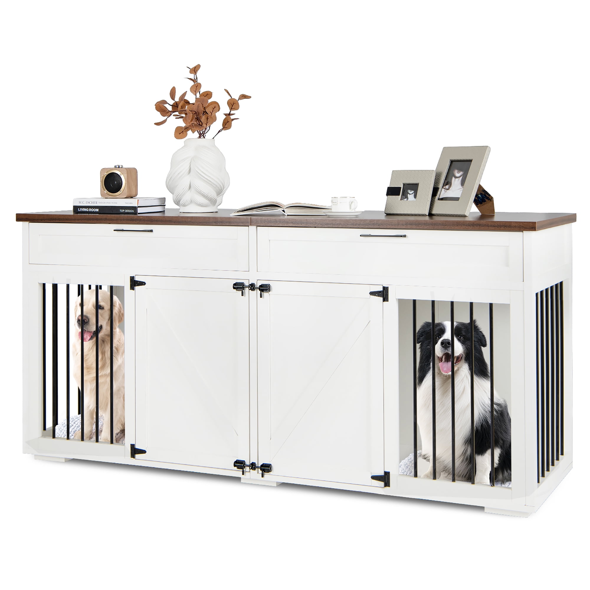 Picture of Gymax Double Dog Crate Furniture Large Breed Wood Dog Kennel w/ Room ...