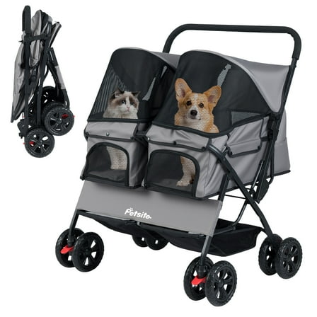 Gymax Double Pet Stroller w/ 2-seater Carrier Adjustable Sunshade Removable Pad Gray