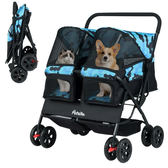 Gymax Double Pet Stroller w/ 2-seater Carrier Adjustable Sunshade Removable Pad Navy Blue
