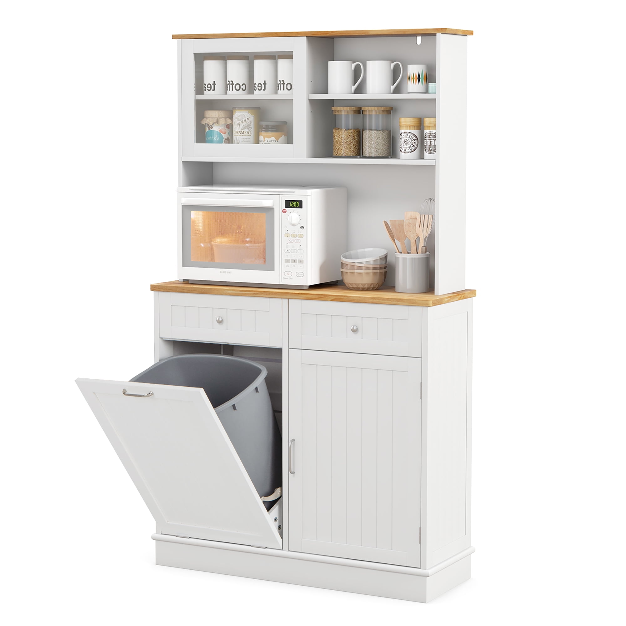White and Natural MDF Tilt Out Trash Cabinet with Hutch