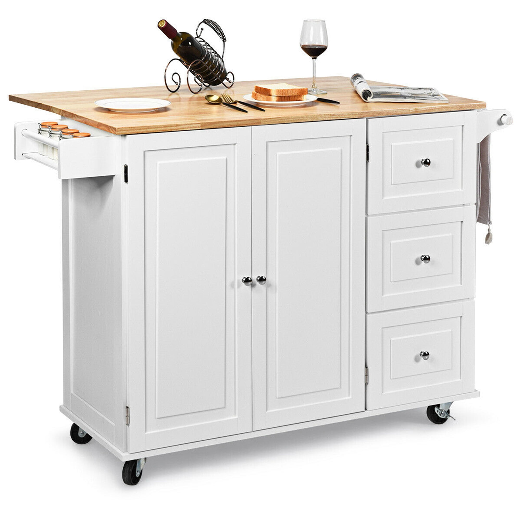 Gymax White Kitchen Island Trolley Cart with DropLeaf, Wood Storage