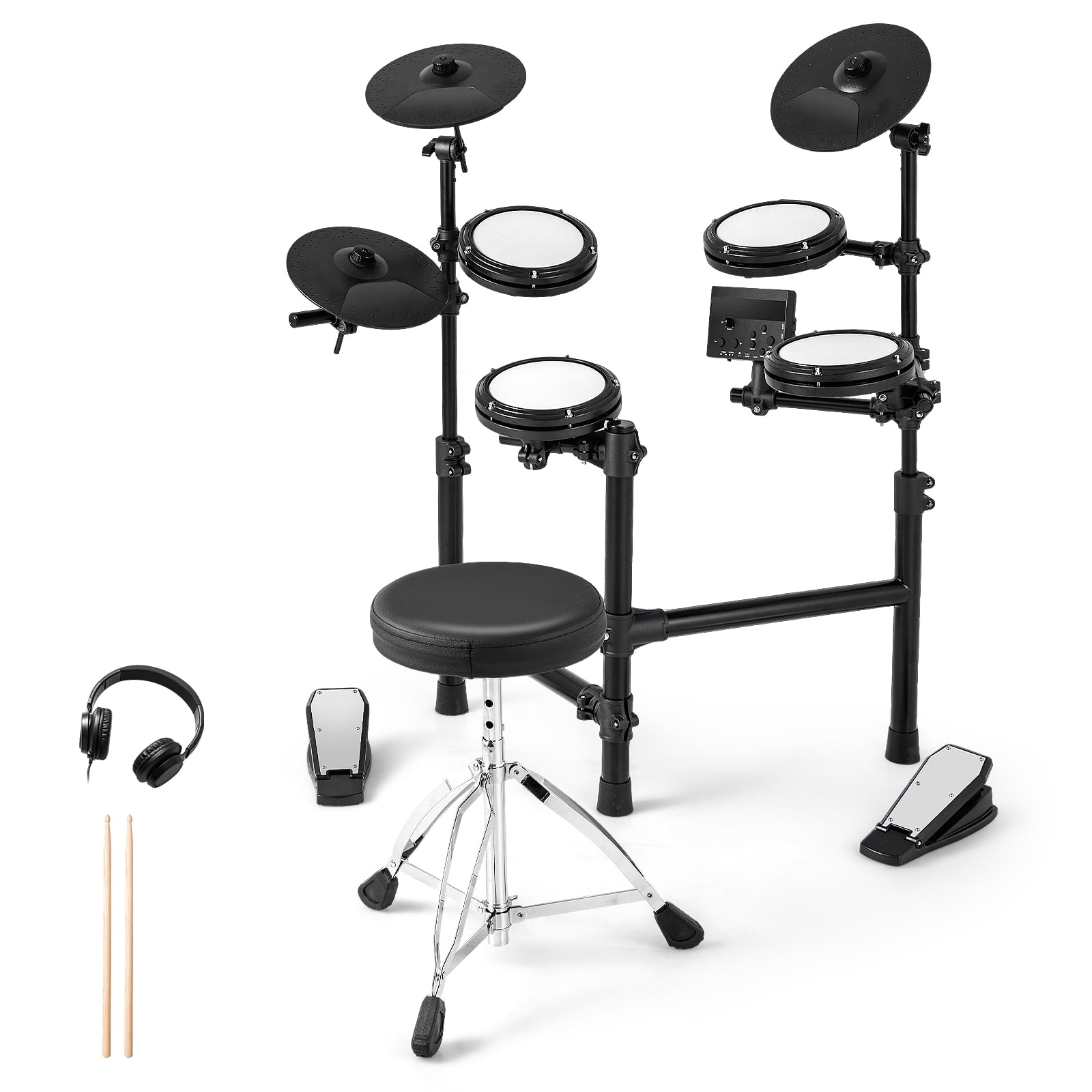 Gymax Electric Drum Set Foldable Drum Kit w/ 7'' Mesh Drum Pads 9.5'' Cymbals 10 Demos Black