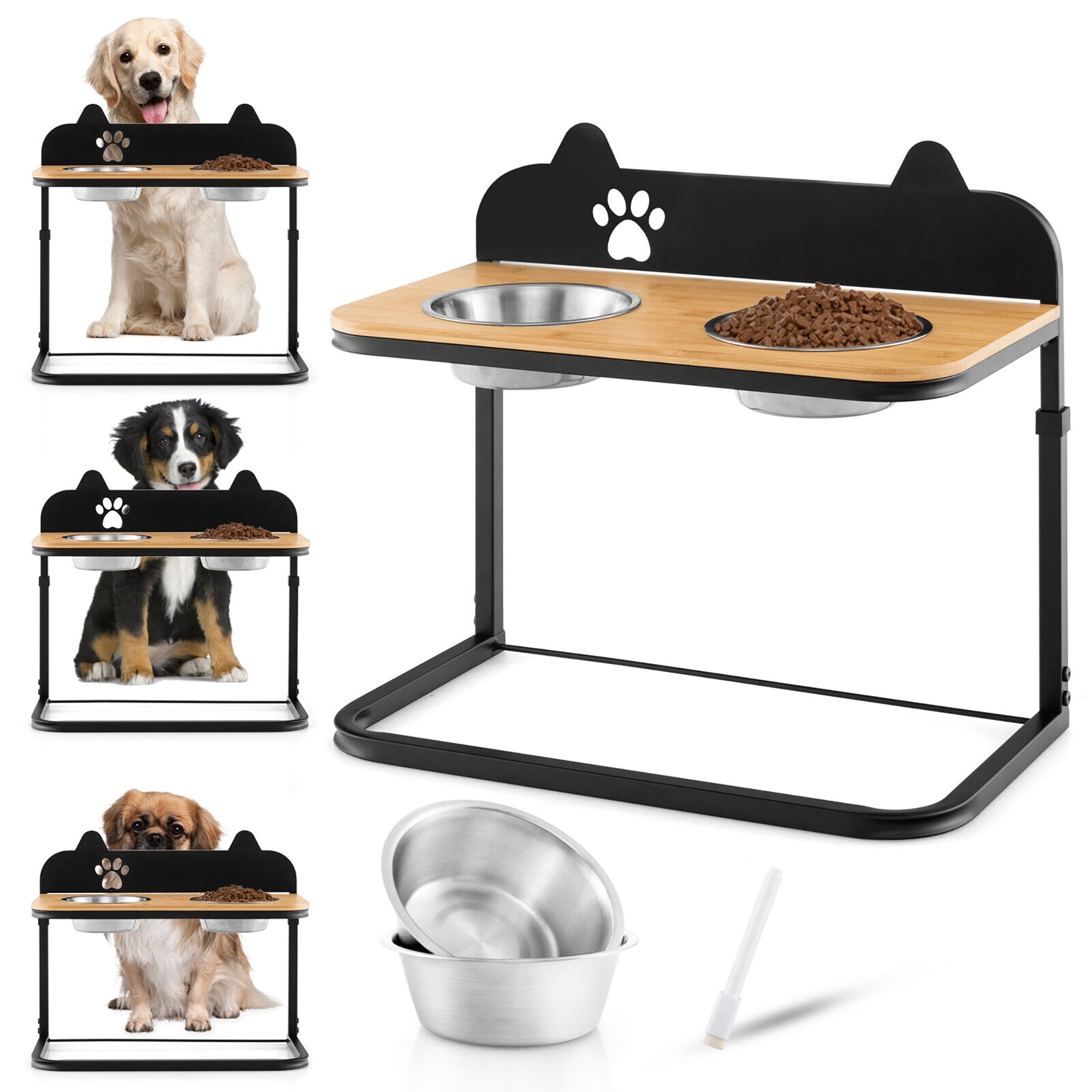 Gymax Elevated Dog Bowls 3 Adjustable Heights with 2 Stainless Steel Food Water Bowls