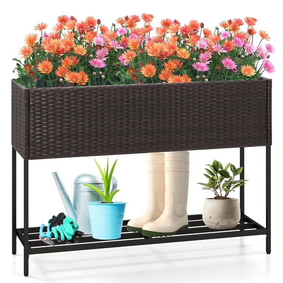 Gymax Elevated Planter Box Raised Garden Bed w/ Rattan Surface Bottom Storage Shelf & Removable Liner