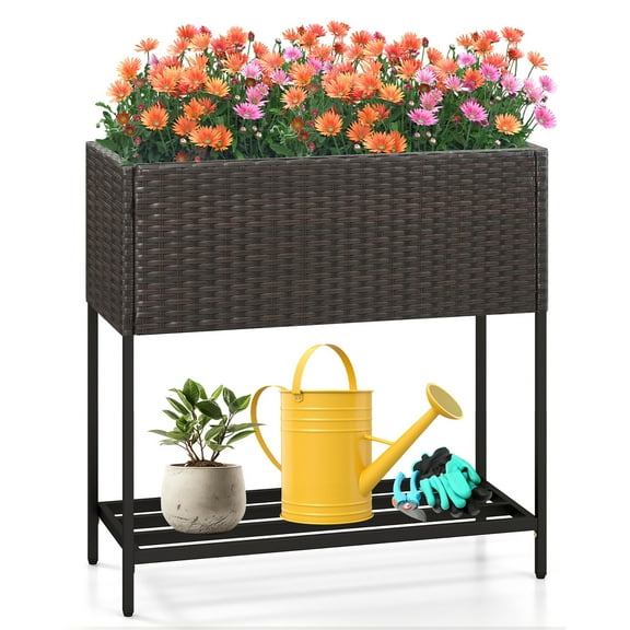 Gymax Elevated Planter Box Raised Garden Bed w/ Rattan Surface Bottom Storage Shelf